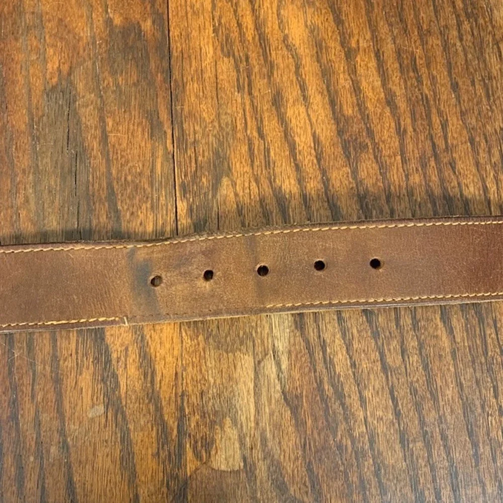 Vintage 70s Levi's Brown Belt Brass Toned Logo Buckle Oil Tanned Harness Size 32
